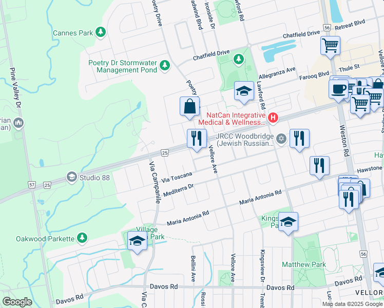 map of restaurants, bars, coffee shops, grocery stores, and more near 4123 Major Mackenzie Drive West in Vaughan