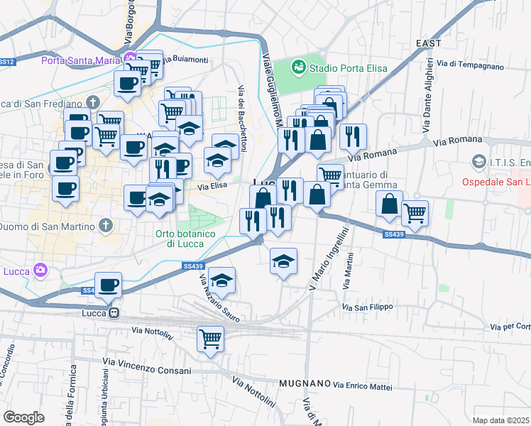 map of restaurants, bars, coffee shops, grocery stores, and more near 135 Viale Giovanni Pacini in Lucca