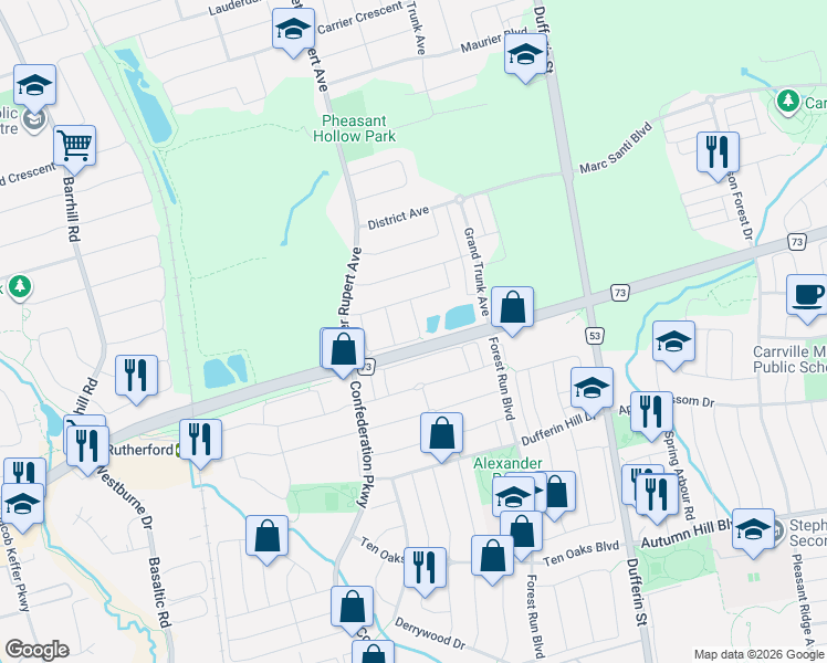 map of restaurants, bars, coffee shops, grocery stores, and more near 87 Spruce Pine Crescent in Vaughan