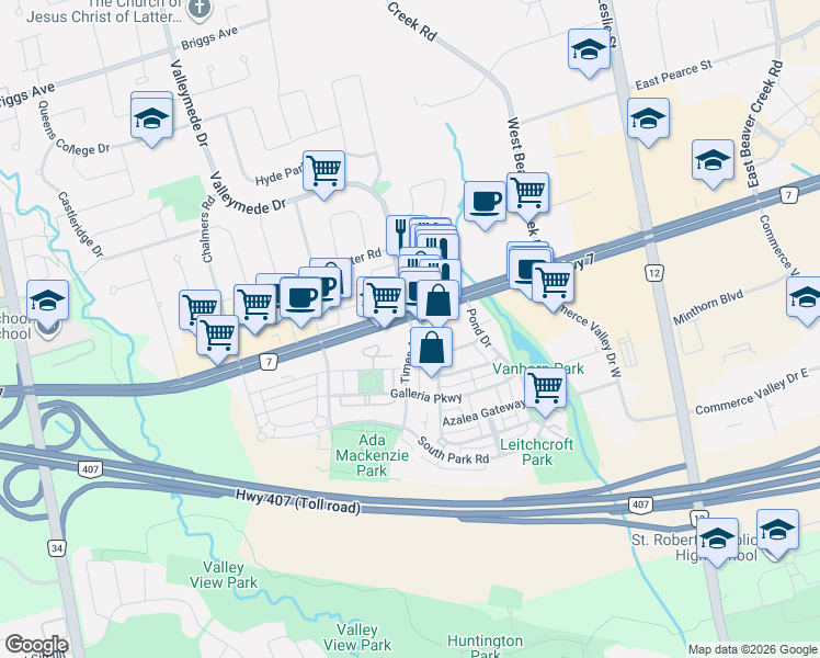 map of restaurants, bars, coffee shops, grocery stores, and more near 25 Times Avenue in Markham