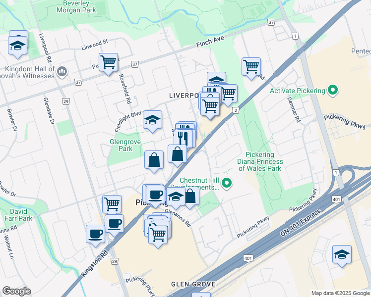 map of restaurants, bars, coffee shops, grocery stores, and more near 1450 Kingston Road in Pickering
