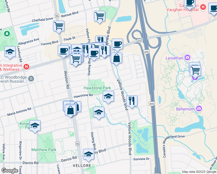 map of restaurants, bars, coffee shops, grocery stores, and more near in Vaughan