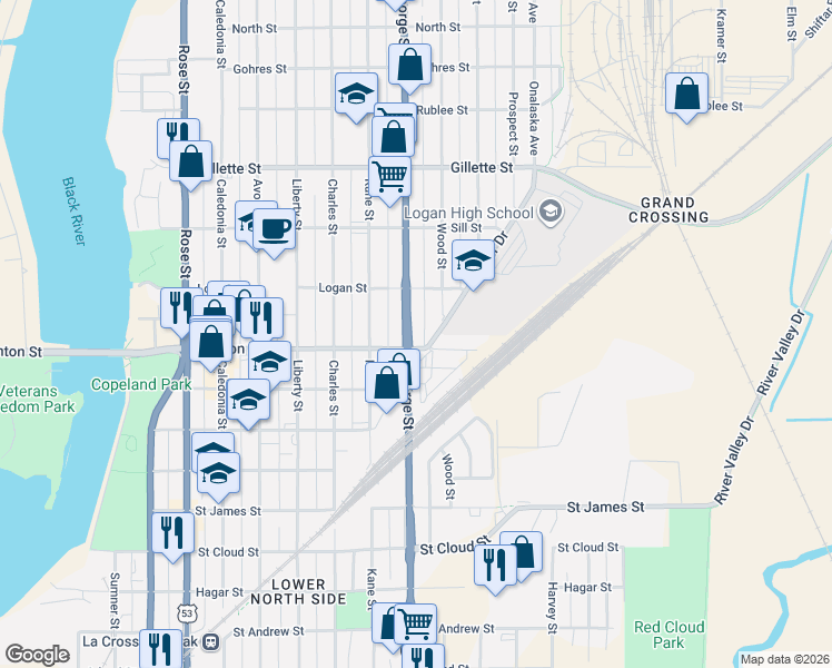 map of restaurants, bars, coffee shops, grocery stores, and more near 1317 Ranger Drive in La Crosse
