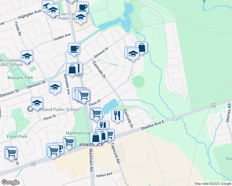 map of restaurants, bars, coffee shops, grocery stores, and more near Eastvale Drive in Markham