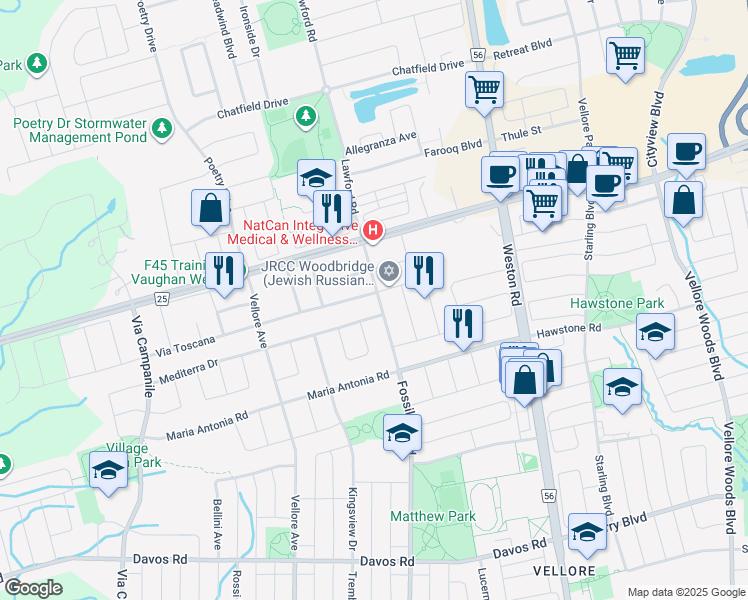 map of restaurants, bars, coffee shops, grocery stores, and more near 1 Via Toscana in Vaughan