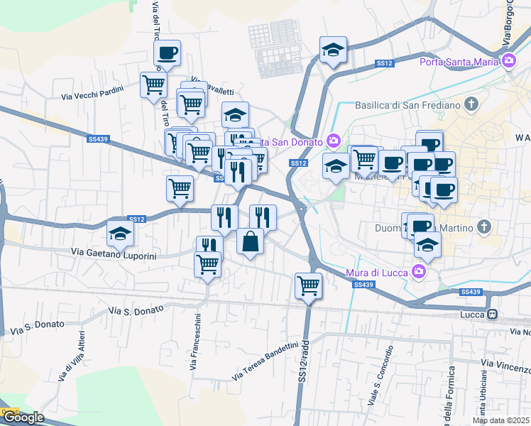 map of restaurants, bars, coffee shops, grocery stores, and more near 136 Via Gaetano Luporini in Lucca