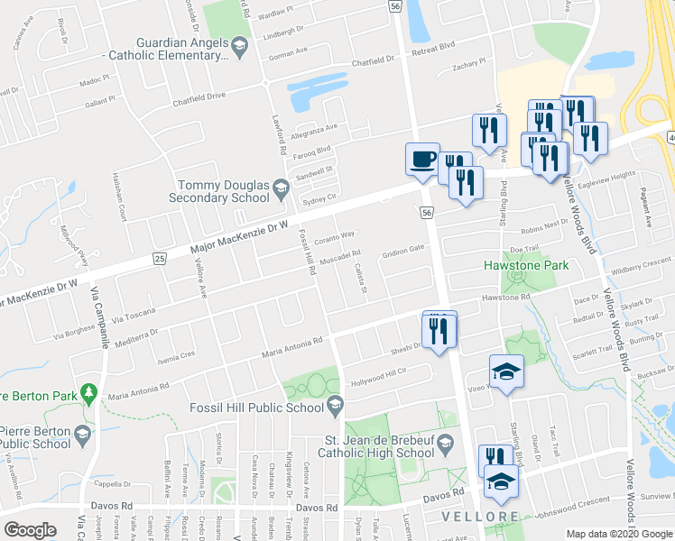 map of restaurants, bars, coffee shops, grocery stores, and more near 49 Foxbridge Way in Vaughan
