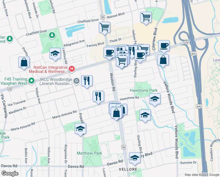 map of restaurants, bars, coffee shops, grocery stores, and more near 88 Andes Crescent in Vaughan