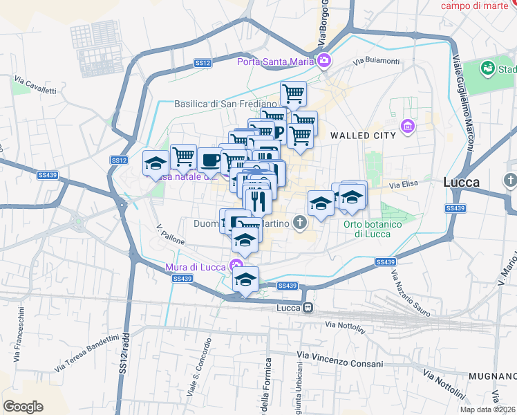 map of restaurants, bars, coffee shops, grocery stores, and more near 18 Via Roma in Lucca