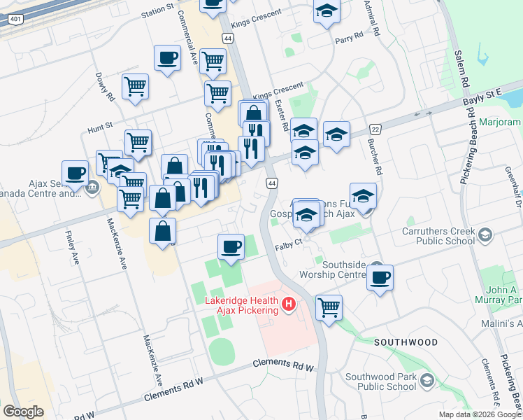 map of restaurants, bars, coffee shops, grocery stores, and more near in Ajax