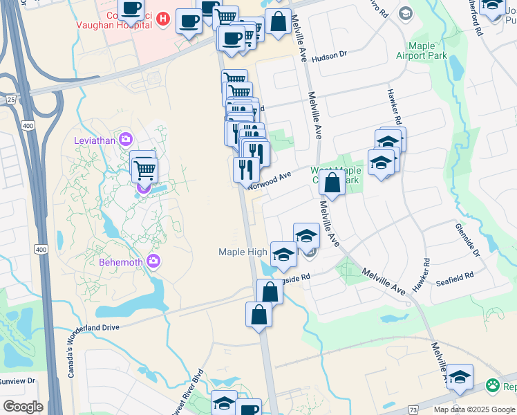 map of restaurants, bars, coffee shops, grocery stores, and more near in Vaughan