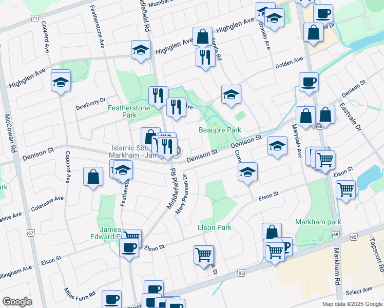 map of restaurants, bars, coffee shops, grocery stores, and more near 180 Doubtfire Crescent in Markham