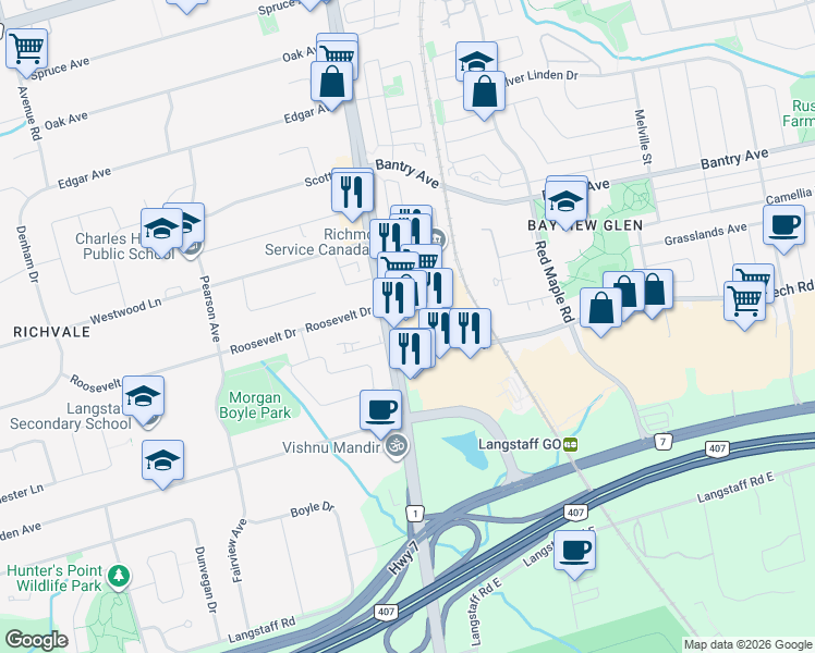 map of restaurants, bars, coffee shops, grocery stores, and more near 8779 Yonge Street in Richmond Hill