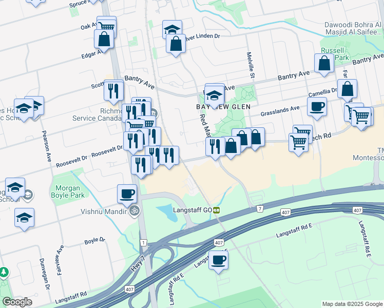 map of restaurants, bars, coffee shops, grocery stores, and more near 39 Oneida Crescent in Richmond Hill