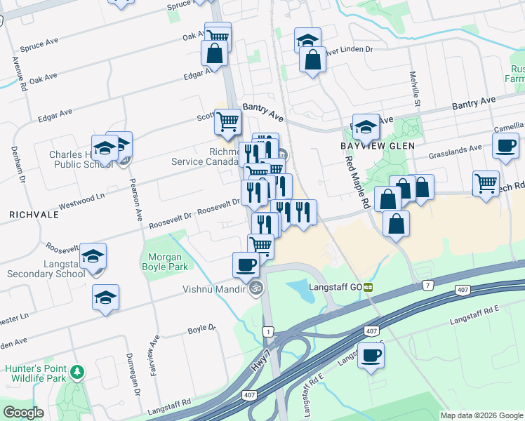 map of restaurants, bars, coffee shops, grocery stores, and more near 8779 Yonge Street in Richmond Hill