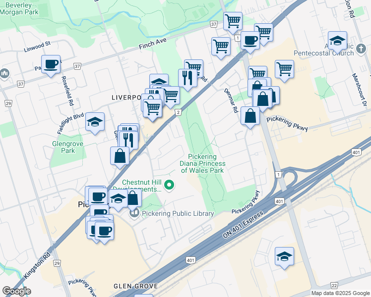 map of restaurants, bars, coffee shops, grocery stores, and more near 1581 Avonmore Square in Pickering