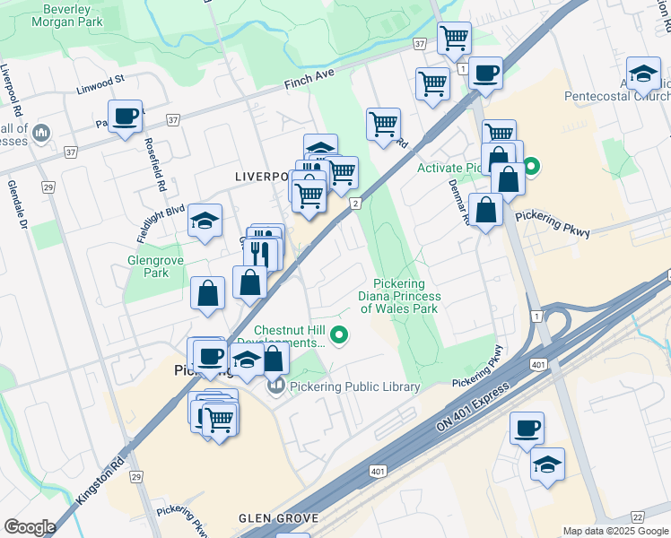 map of restaurants, bars, coffee shops, grocery stores, and more near 1609 Avonmore Square in Pickering
