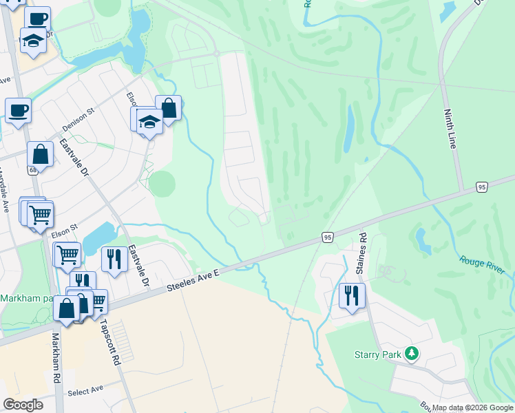 map of restaurants, bars, coffee shops, grocery stores, and more near 6 Ryler Way in Markham