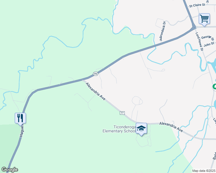 map of restaurants, bars, coffee shops, grocery stores, and more near 832 Highway 9N in Ticonderoga