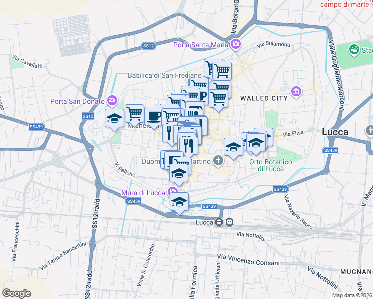 map of restaurants, bars, coffee shops, grocery stores, and more near 34 Via Beccheria in Lucca