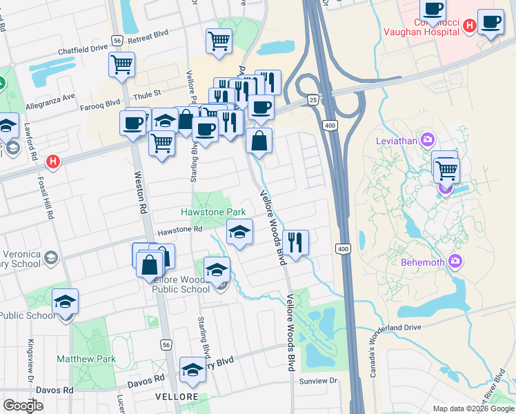 map of restaurants, bars, coffee shops, grocery stores, and more near 11 Caria Court in Vaughan