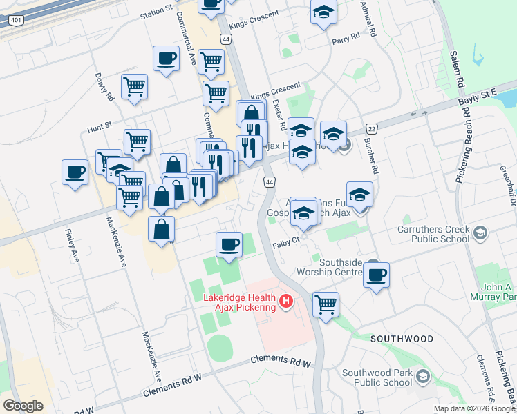 map of restaurants, bars, coffee shops, grocery stores, and more near 2 River Plate Street in Ajax