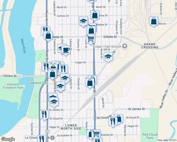 map of restaurants, bars, coffee shops, grocery stores, and more near 1318 Kane Street in La Crosse