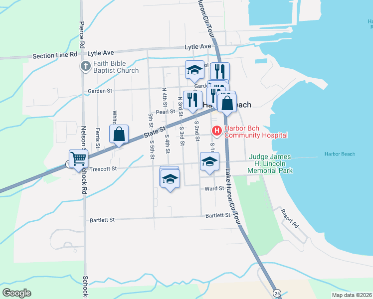 map of restaurants, bars, coffee shops, grocery stores, and more near 214 South 3rd Street in Harbor Beach