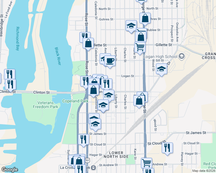map of restaurants, bars, coffee shops, grocery stores, and more near 1316 Avon Street in La Crosse