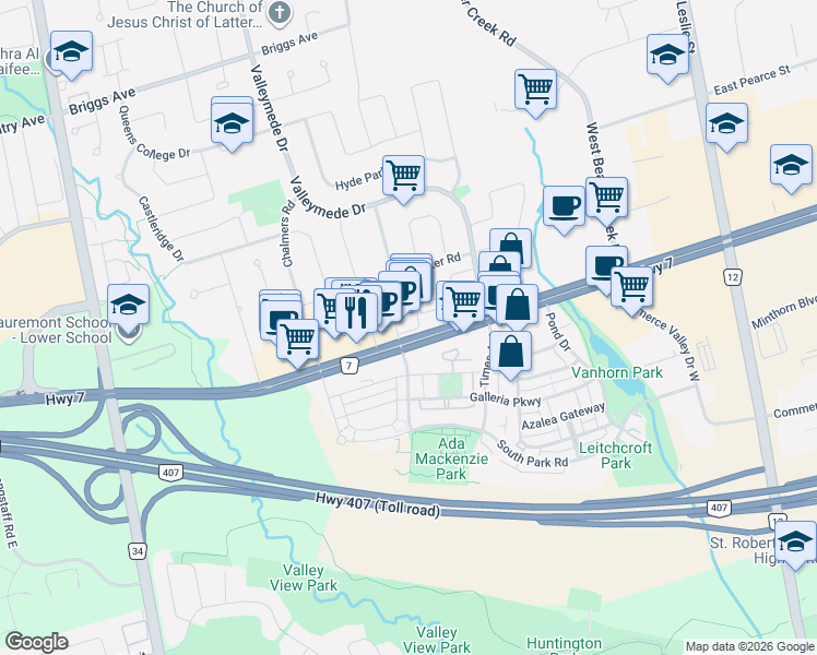 map of restaurants, bars, coffee shops, grocery stores, and more near 372 Highway 7 in Richmond Hill