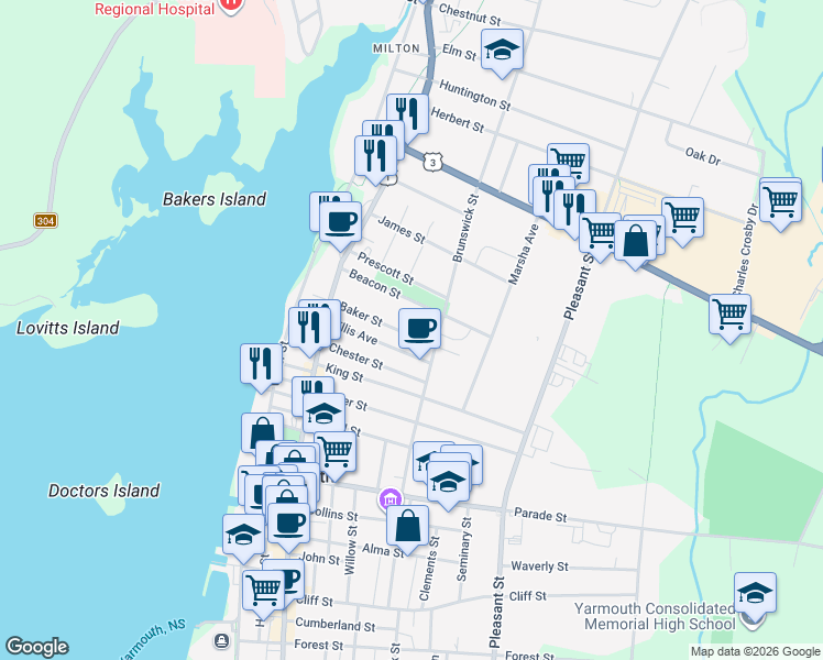 map of restaurants, bars, coffee shops, grocery stores, and more near 28 Baker Street in Yarmouth