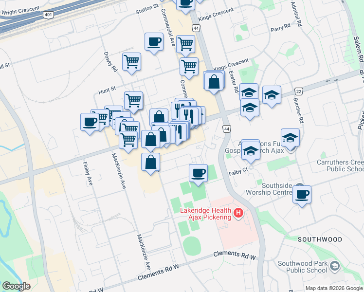map of restaurants, bars, coffee shops, grocery stores, and more near 95 Bayly Street West in Ajax