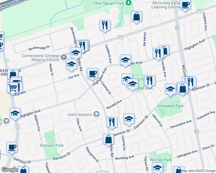 map of restaurants, bars, coffee shops, grocery stores, and more near 163 Cartmel Drive in Markham