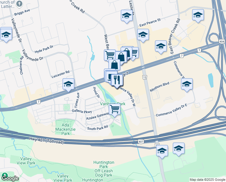 map of restaurants, bars, coffee shops, grocery stores, and more near 505 Highway 7 in Markham
