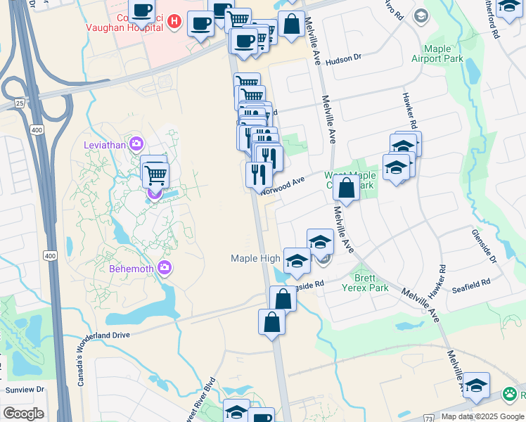 map of restaurants, bars, coffee shops, grocery stores, and more near 9621 Jane Street in Vaughan