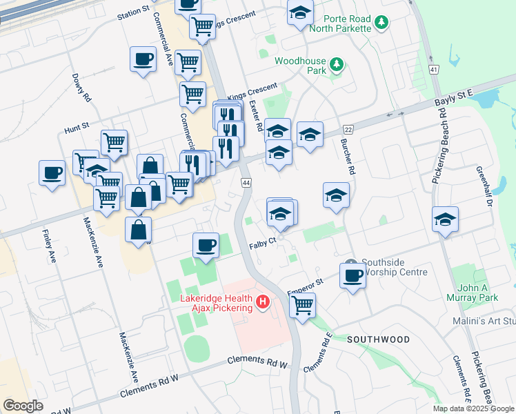 map of restaurants, bars, coffee shops, grocery stores, and more near in Ajax