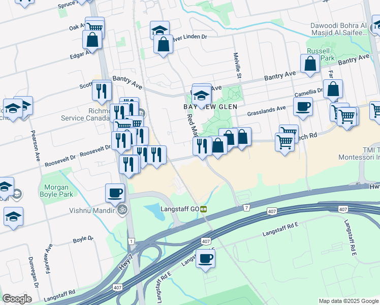 map of restaurants, bars, coffee shops, grocery stores, and more near in Richmond Hill