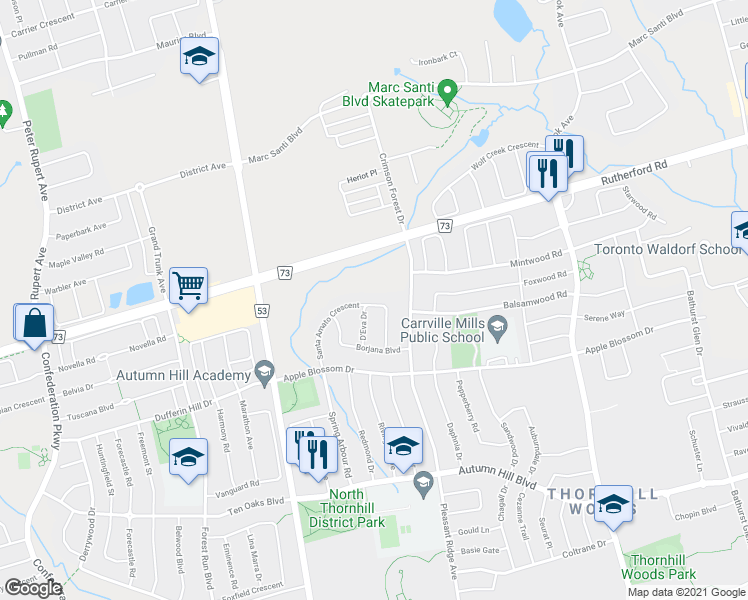 map of restaurants, bars, coffee shops, grocery stores, and more near 130 Santa Amato Crescent in Vaughan