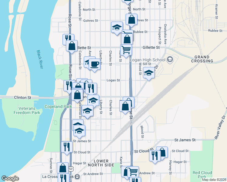 map of restaurants, bars, coffee shops, grocery stores, and more near 1322 Charles Street in La Crosse