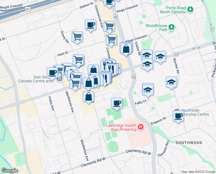map of restaurants, bars, coffee shops, grocery stores, and more near 75 Bayly Street West in Ajax