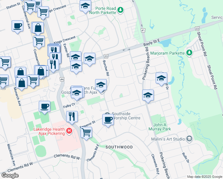map of restaurants, bars, coffee shops, grocery stores, and more near 97 Tulloch Drive in Ajax