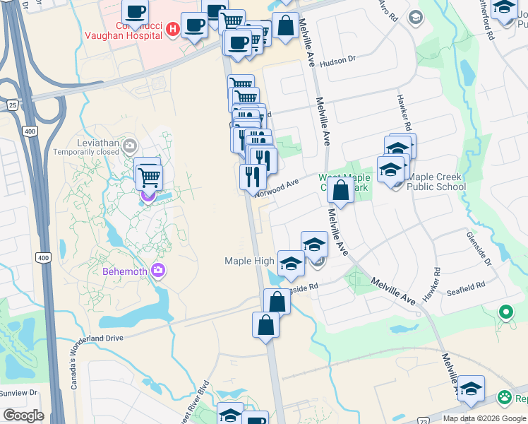 map of restaurants, bars, coffee shops, grocery stores, and more near 105 Kayla Crescent in Vaughan