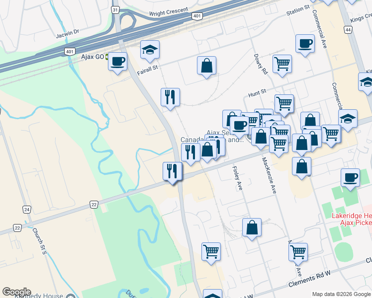 map of restaurants, bars, coffee shops, grocery stores, and more near 275 Westney Road South in Ajax