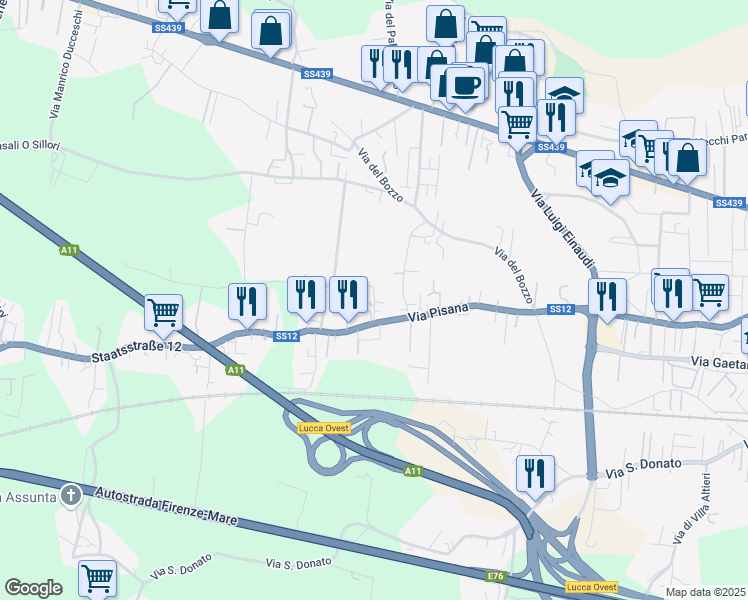 map of restaurants, bars, coffee shops, grocery stores, and more near 69 Via Corte Puccinelli in Lucca