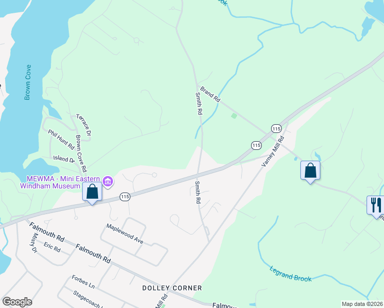 map of restaurants, bars, coffee shops, grocery stores, and more near 252 Tandberg Trail in Windham