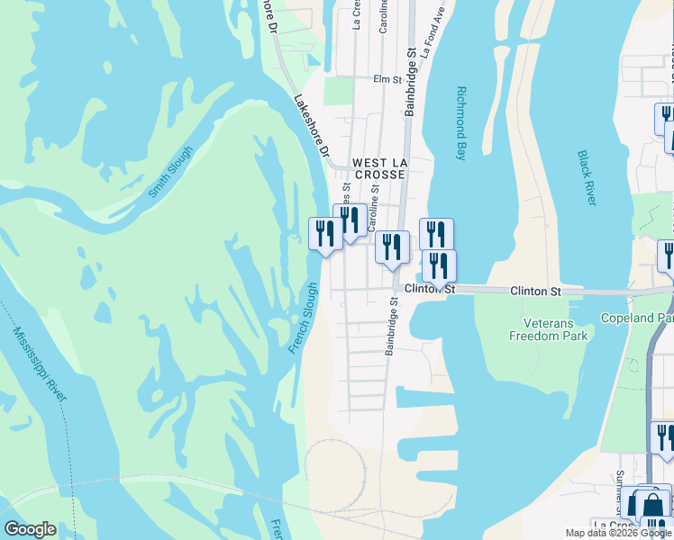 map of restaurants, bars, coffee shops, grocery stores, and more near 1311 La Crescent Street in La Crosse