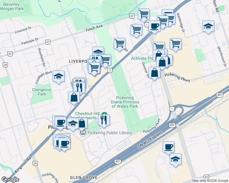 map of restaurants, bars, coffee shops, grocery stores, and more near 1585 Avonmore Square in Pickering