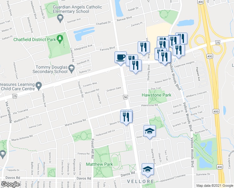 map of restaurants, bars, coffee shops, grocery stores, and more near 103 Andes Crescent in Vaughan