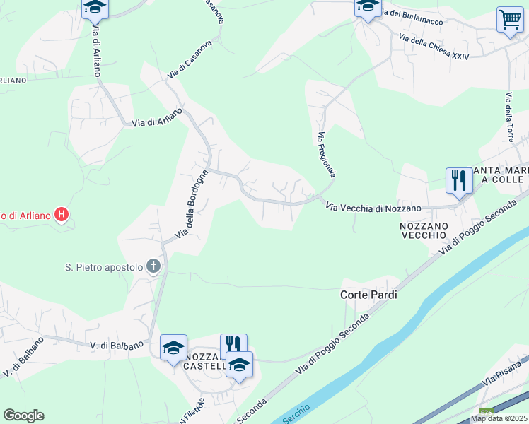 map of restaurants, bars, coffee shops, grocery stores, and more near 347 Via della Bordogna in Lucca