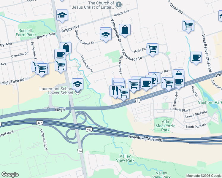 map of restaurants, bars, coffee shops, grocery stores, and more near 27 Doncrest Road in Richmond Hill